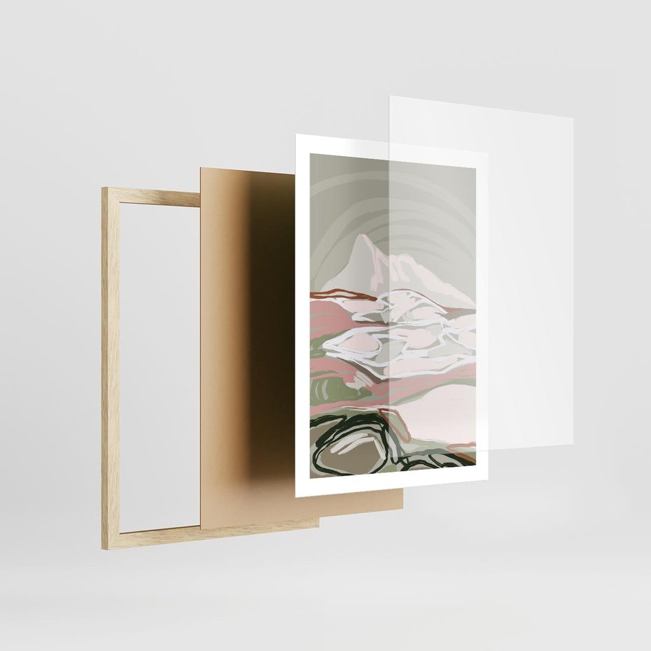 Plakat w ramie 50x70 - Szarawe Wzgórza - pastelowy krajobraz, nowoczesny plakat - rama drewno