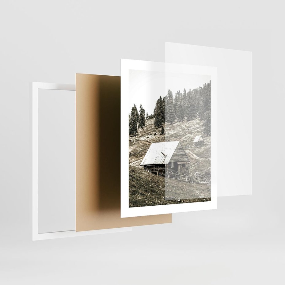 Plakat w ramie 40x50 - Ustronne Chatki w Górach - rustykalne domki w górach, sepia - rama biała