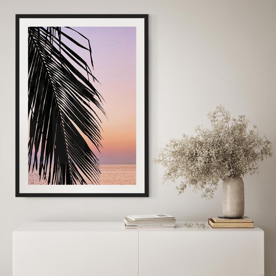 Plakat bez ramy 50x70 - Liście Palmy nad Morzem - zachód słońca, liście palmy na tle nieba i morza