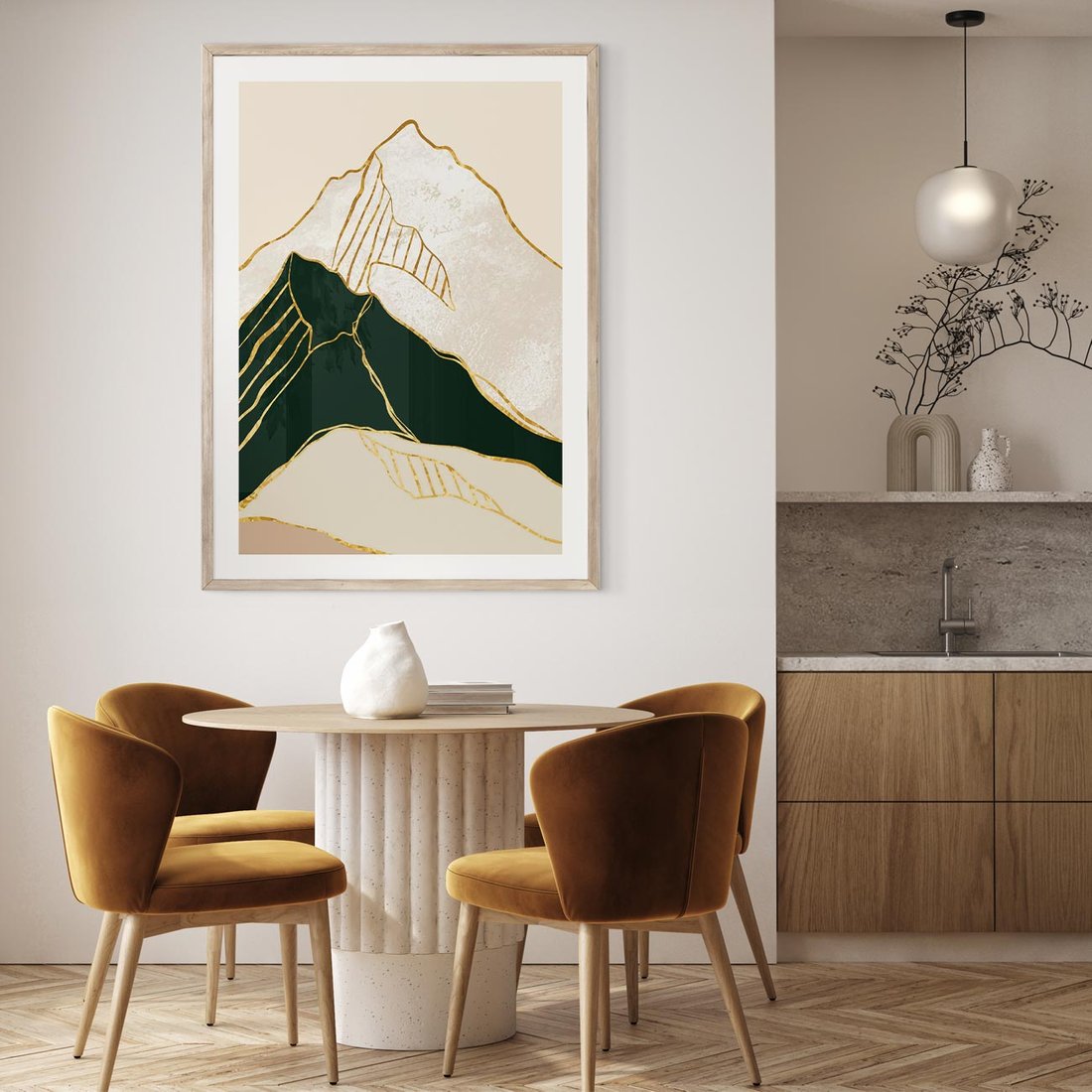 Plakat w ramie 30x40 - Minimalistyczne Góry: Złota Sztuka Natury - minimalistyczna grafika, góry - rama drewno