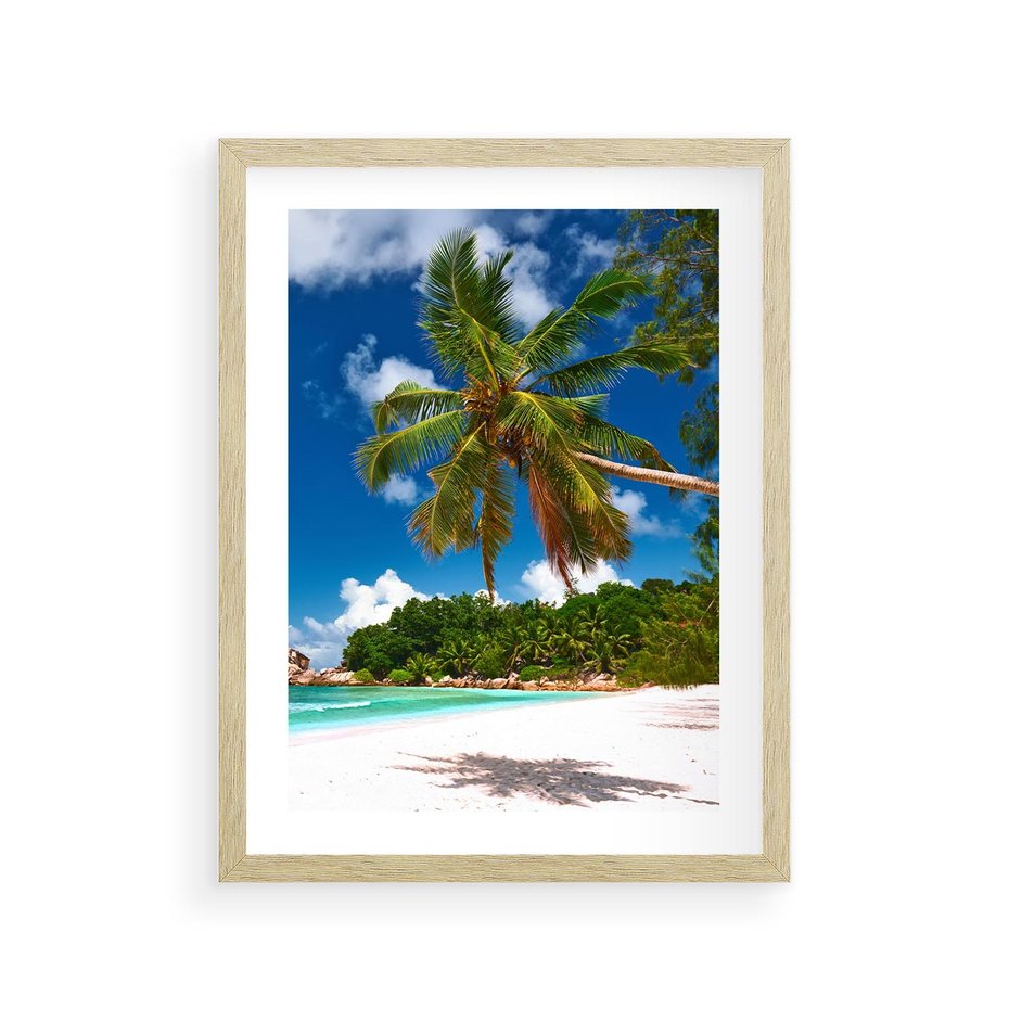 Plakat w ramie 30x40 - Oaza palm na plaży - palma, plaża - rama drewno