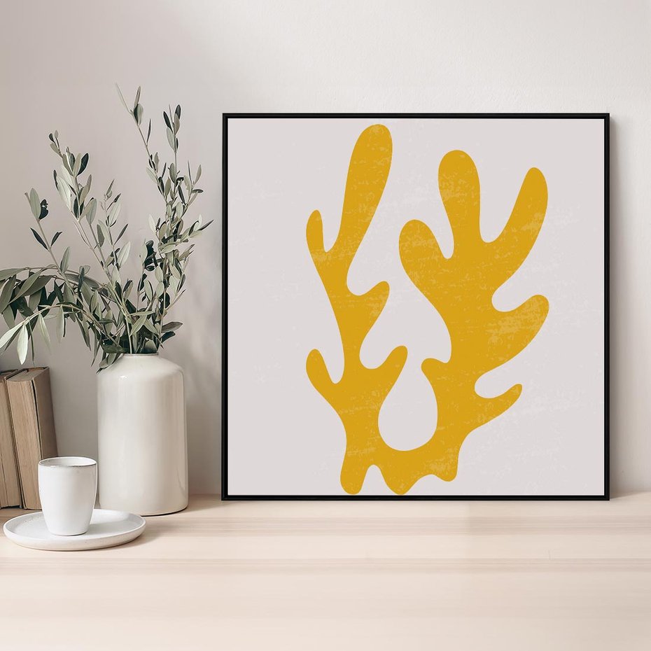 Obraz w ramie 50x50 - Abstrakcyjna Synergia - abstrakcyjna żółta forma, minimalizm - rama czarna