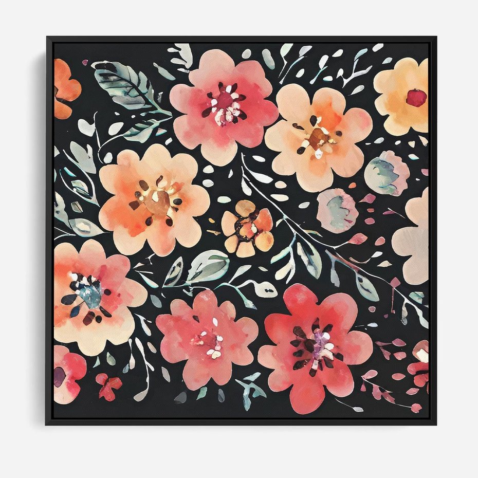 Obraz w ramie 50x50 - Labirynty melancholii - akwarelowe, pastelowe kwiaty na czarnym tle - rama czarna