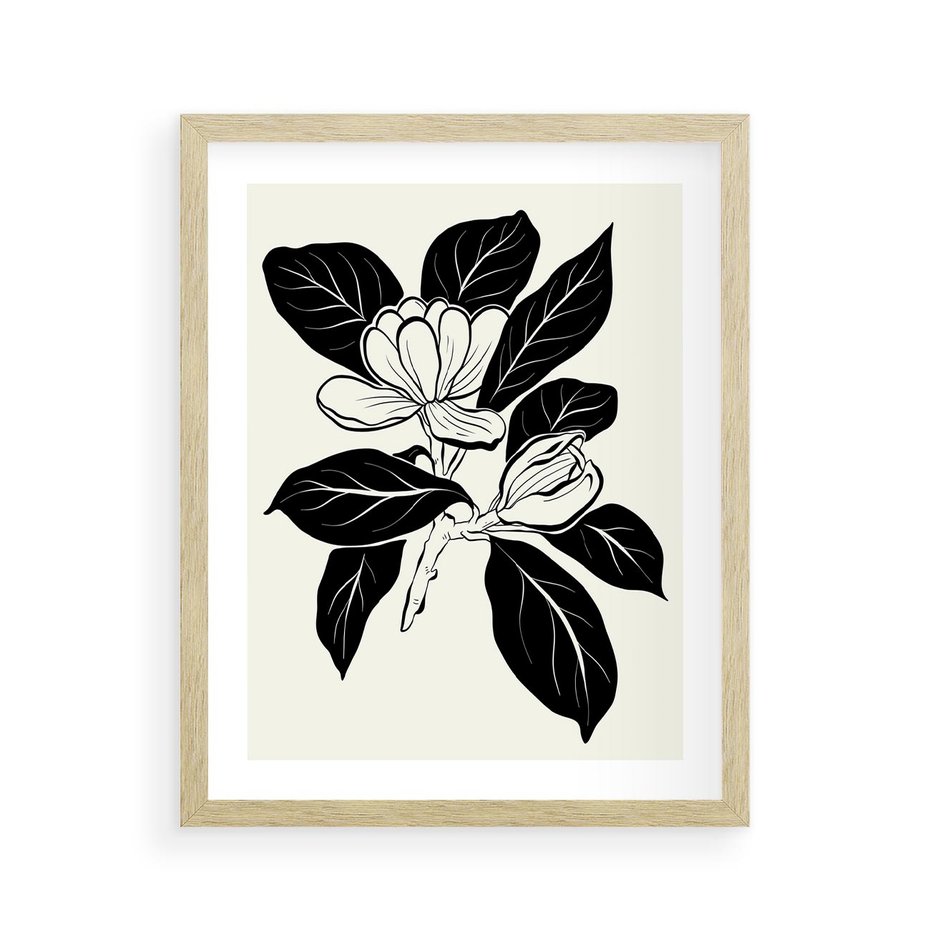 Plakat w ramie 40x50 - Spojrzenie w kształty kwiatów - kwiaty magnolii, minimalizm - rama drewno