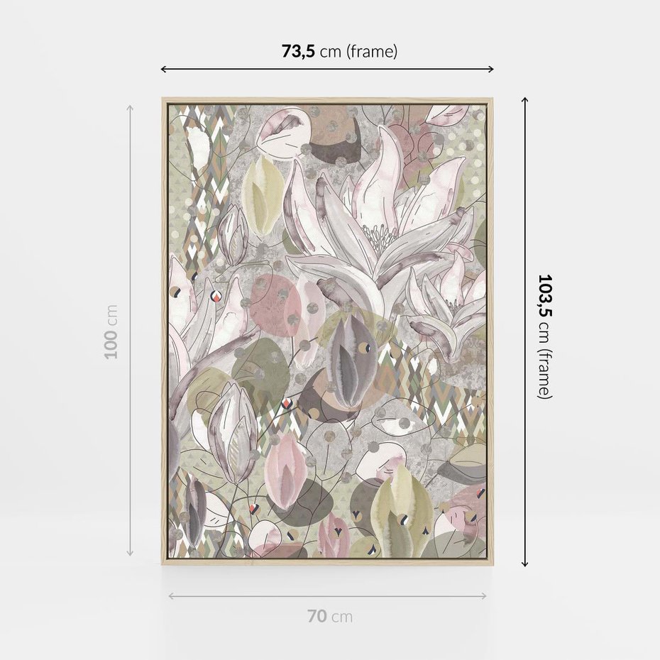 Obraz w ramie 70x100 - Pejzaże zatajonej duszy - połączenie tekstur, roślinne motywy - rama drewno