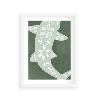 Plakat w ramie 40x50 - Migotliwe Wibracje Zieleni - zielony plakat, abstrakcja przypominająca rybę - rama biała