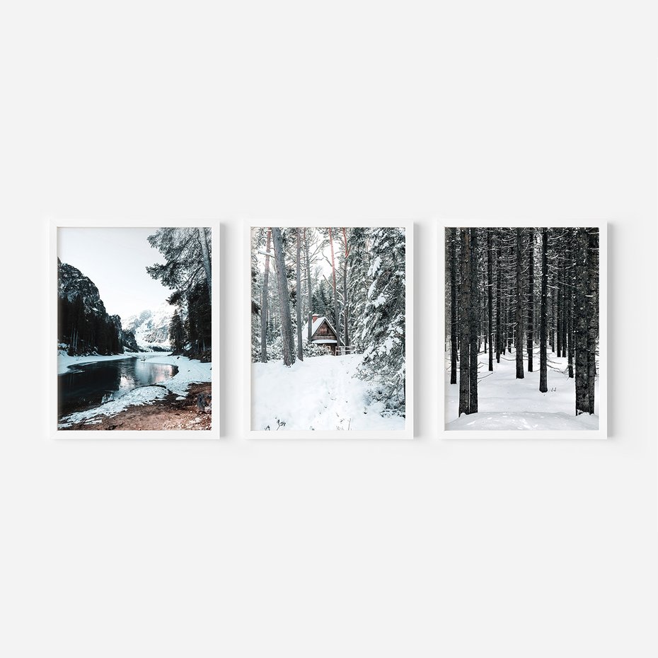 Zestaw obrazy w ramie 30x40 galeria - Las, domek, w, górach, zimą - rama biała