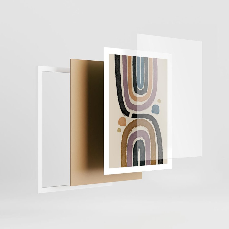 Plakat w ramie 50x70 - Taniec Przenikających Kształtów - abstrakcyjne tęcze, kompozycja - rama biała
