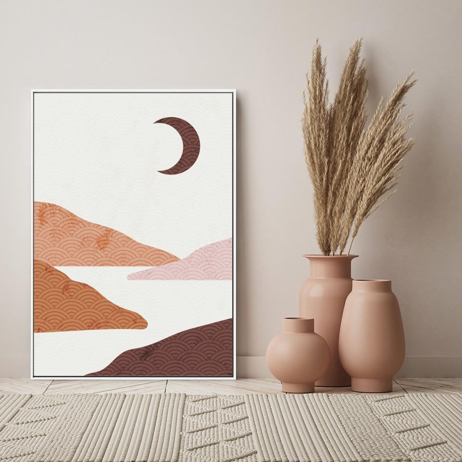 Obraz w ramie 50x70 - Księżycowa Refleksja - nowoczesna sztuka, góry - rama biała