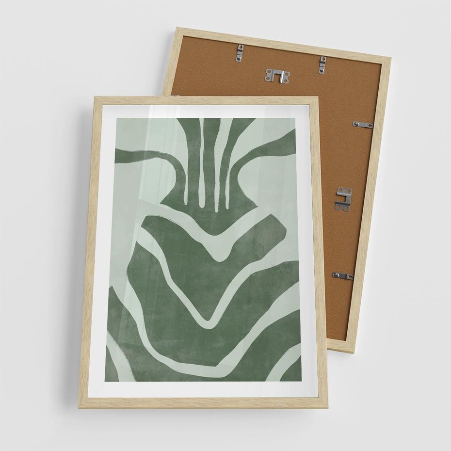 Plakat w ramie 50x70 - Zieleń Odpoczynku - zielony plakat, nieregularne splątane linie - rama drewno