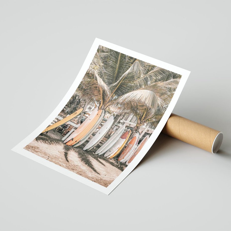 Plakat bez ramy 21x30 - Surfingowy Raj - deski surfingowe, na plaży