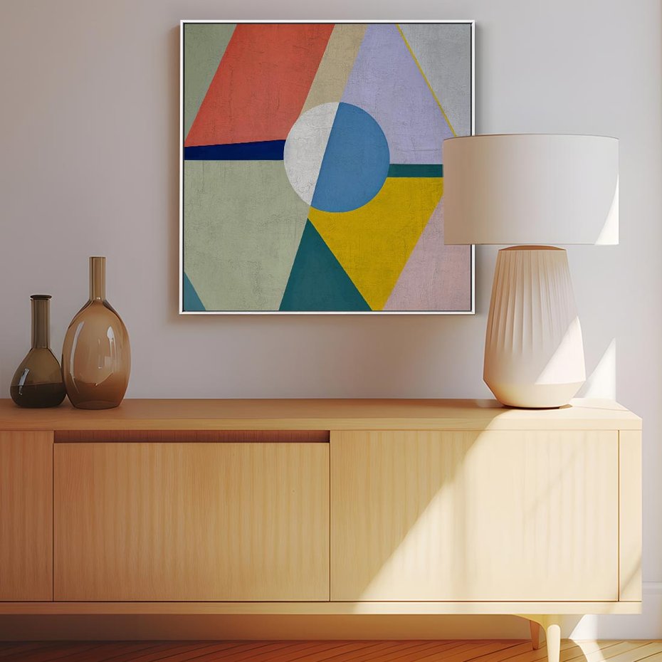 Obraz w ramie 50x50 - Taniec Subtelnych Odbić - abstrakcyjne geometryczne kształty, olejny obraz - rama biała