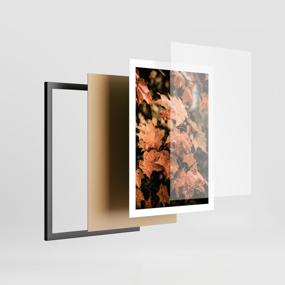 Plakat w ramie 50x70 - Ciepło Jesieni - jesienne pomarańczowe liśćie, jesień - rama czarna