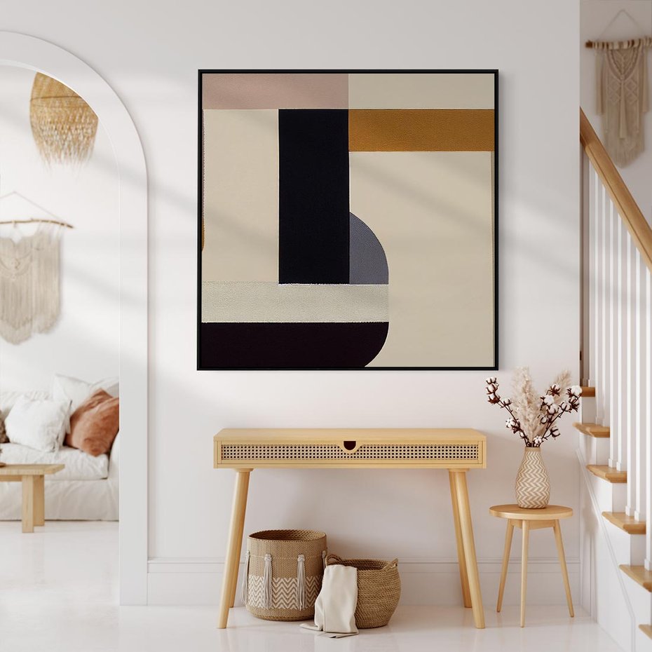 Obraz w ramie 50x50 - Nowoczesne Brązy - geometryszne pasy, nowoczesny styl - rama czarna