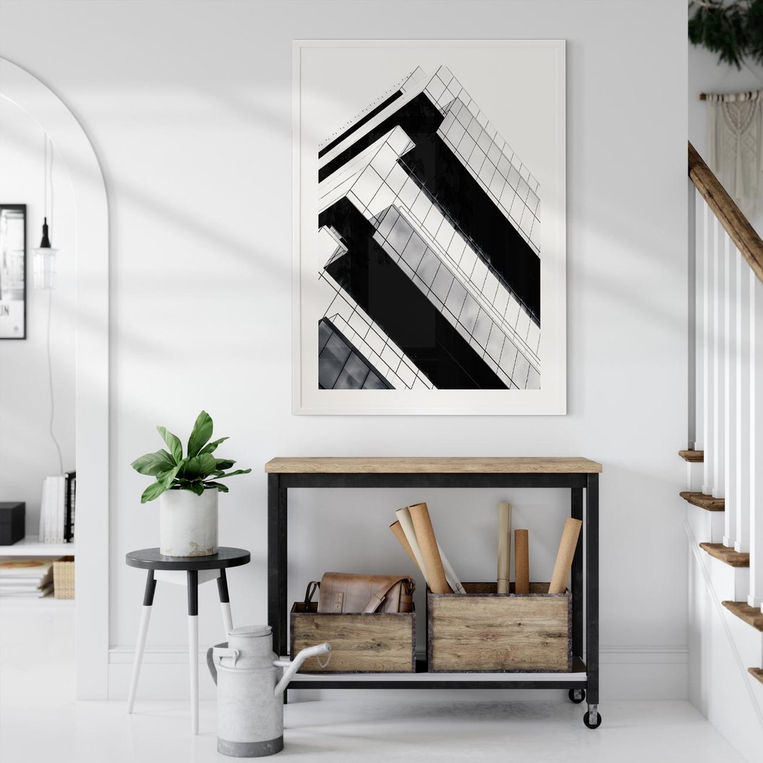 Plakat w ramie 50x70 - Nowoczesna Surowość: Wieżowiec na Czarno-Białej Grafice - architektura, wieżowiec - rama biała