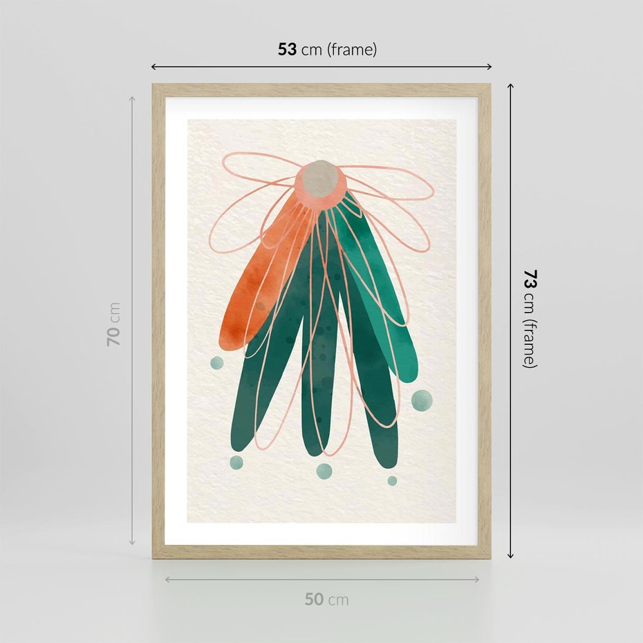 Plakat w ramie 50x70 - Energetyczna Harmonia Kwiatów - akwarelowe abstrakcyjne kształty, zieleń i pomarańcz - rama drewno