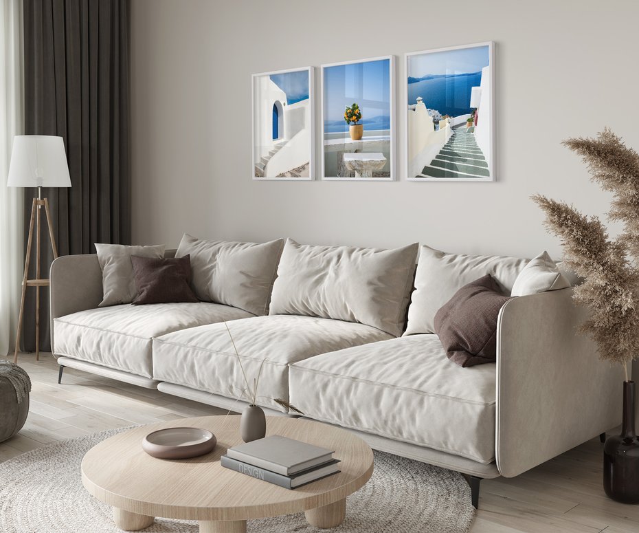 Zestaw obrazy w ramie 30x40 galeria - Santorini, morze, białe, domki - rama biała