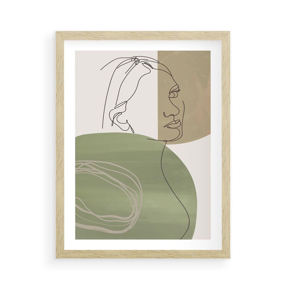 Plakat w ramie 50x70 - Jedna Linia, Wiele Emocji - akwarelowe plamy, na nich szkic postaci kobiety jedną linią - rama drewno