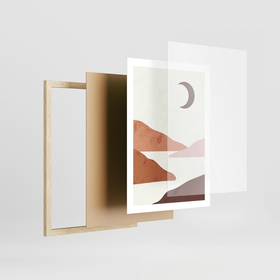 Plakat w ramie 50x70 - Księżycowa Refleksja - nowoczesna sztuka, góry - rama drewno