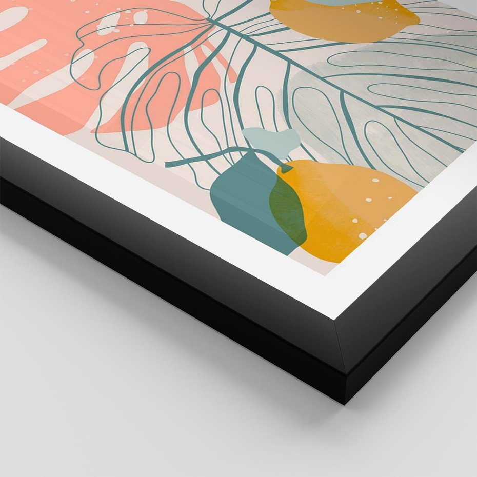 Plakat w ramie 30x40 - Sztuka Natury: Liście Monstery w Pastelach - nowoczesna grafika, pastelowe liście monstery - rama czarna