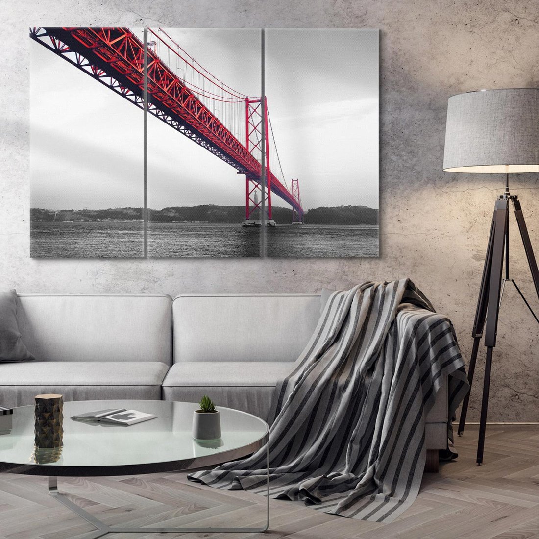 Obraz na płótnie 120x80 - Majestatyczny Most - czarno biała fotografia, czerwony stalowy most nad rzeką