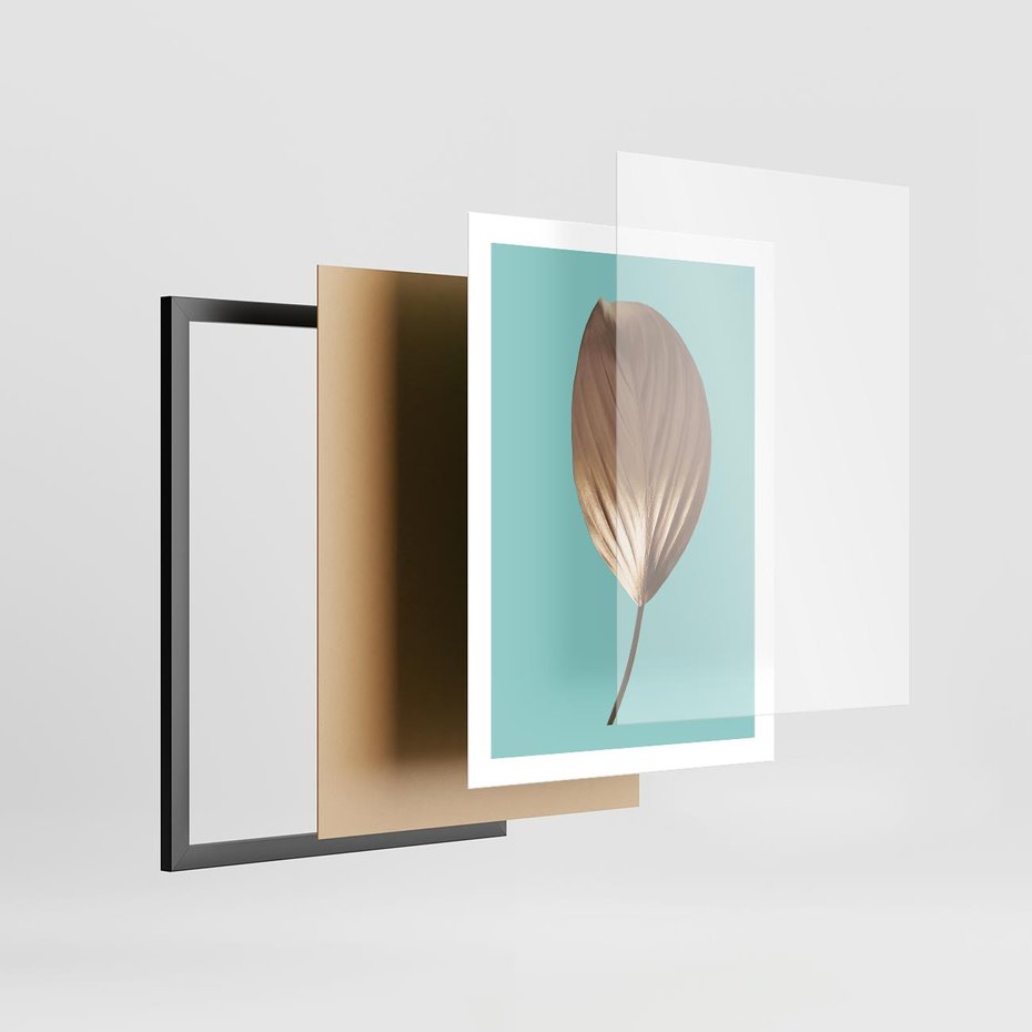 Plakat w ramie 50x70 - Delikatna Harmonia - złote, liście - rama czarna