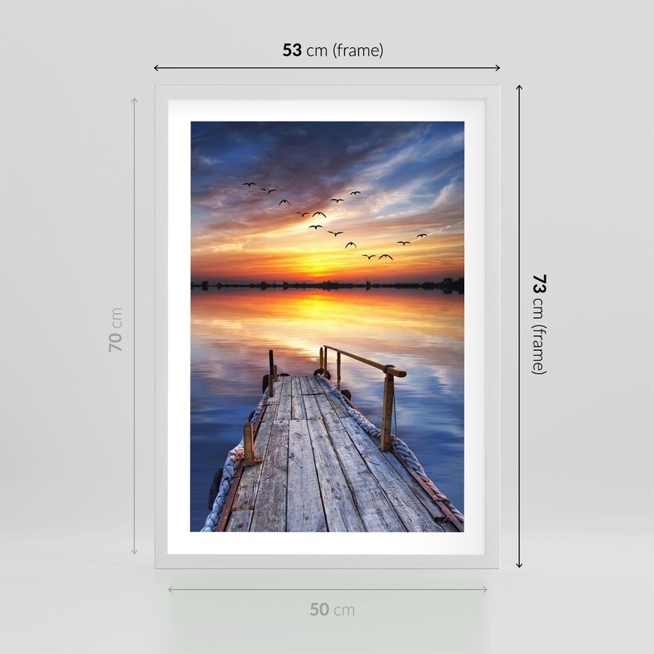 Plakat w ramie 50x70 - Zachód słońca na pomostcie - pomost, zachód - rama biała
