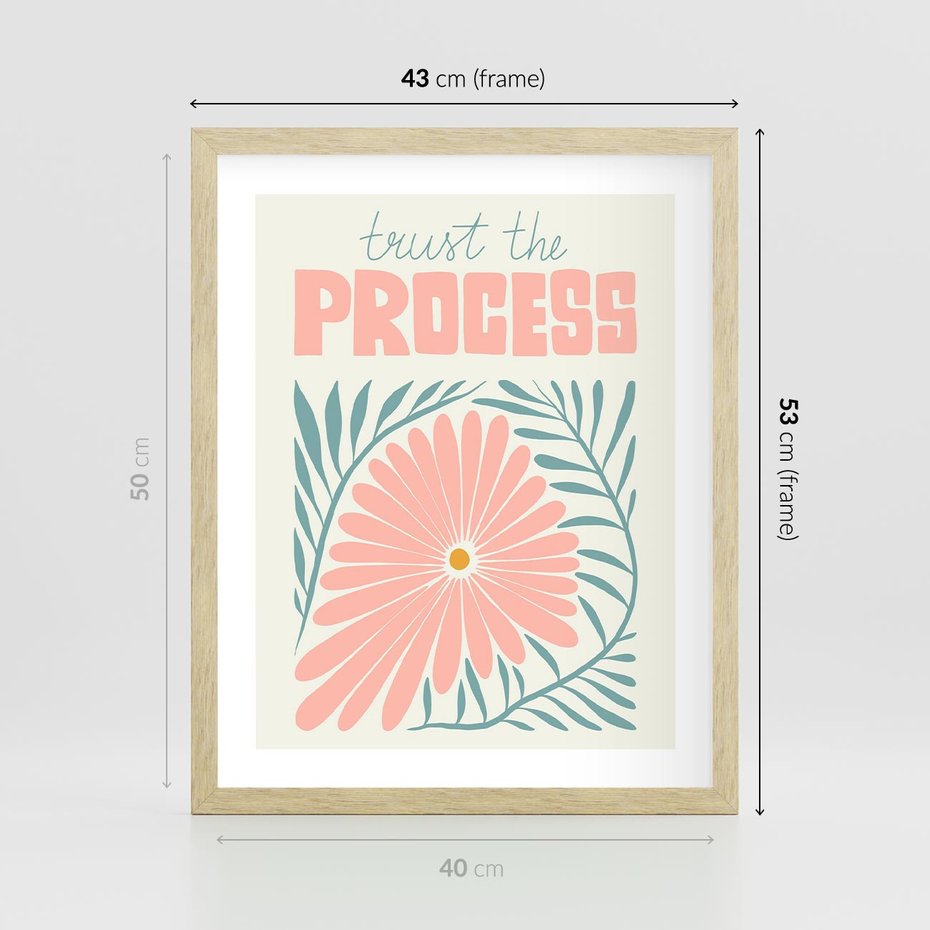 Plakat w ramie 40x50 - Symfonia Światła - typografia, pastelowa stokrotka - rama drewno