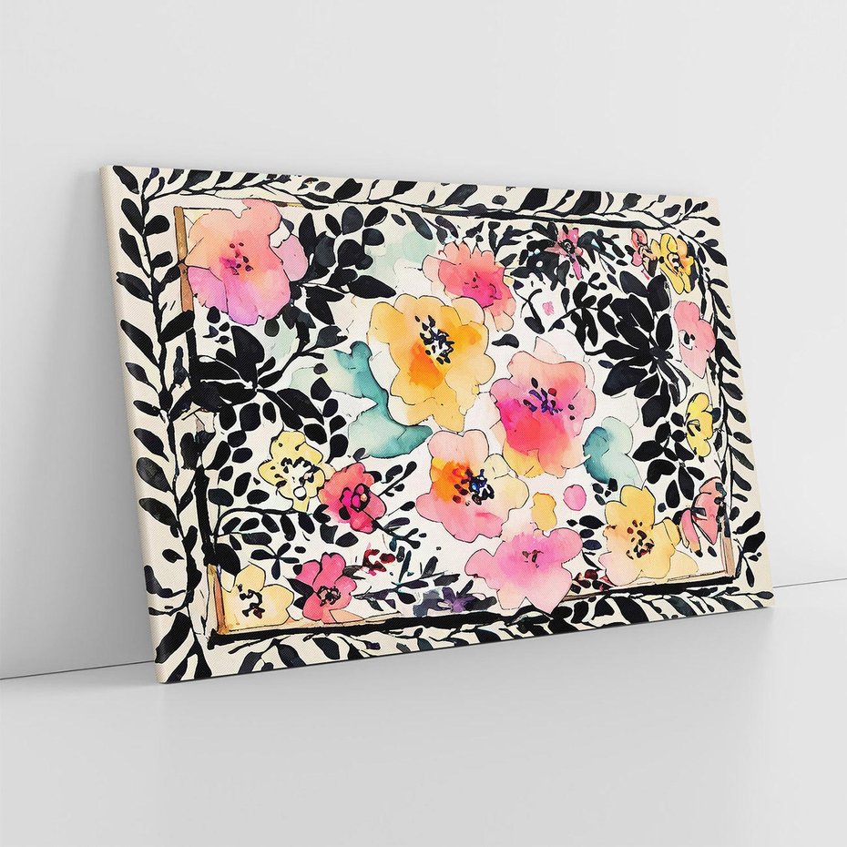 Obraz na płótnie 100x70 - Opowieść w kroplach farb - akwarelowe kwiaty, mocna ornamentowa czarna ramka namalowana dookoła obrazu