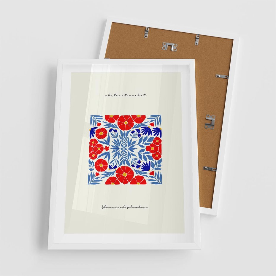 Plakat w ramie 50x70 - Tajemnicza Droga - nowoczesna kwiatowa kompozycja, czerwony i niebieski - rama biała