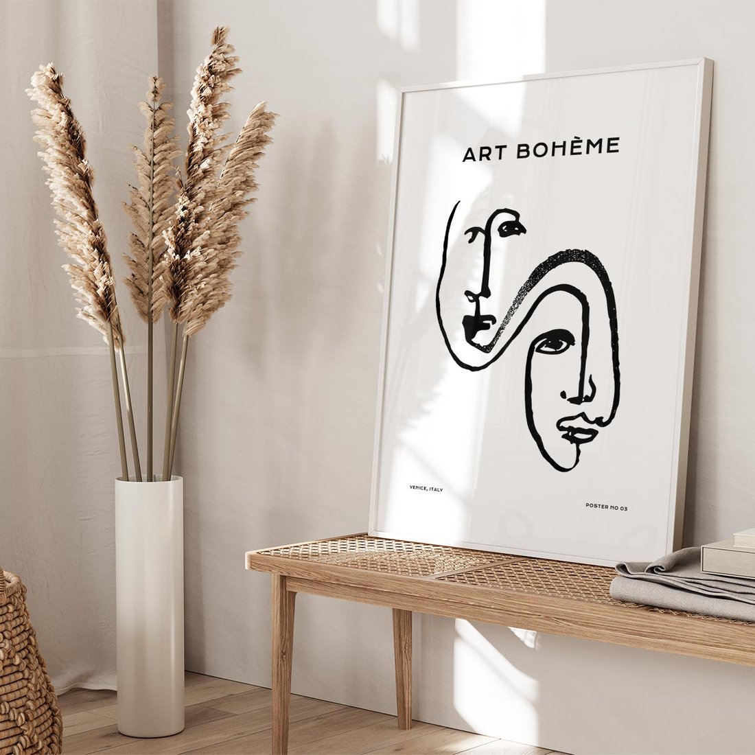 Plakat w ramie 40x50 - Rozbijające Granice Boho - boho sztuka, twarze - rama biała