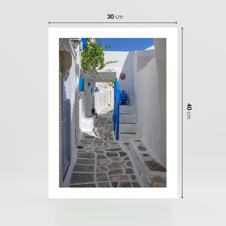 Plakat bez ramy 30x40 - Uroki Santorini: Perspektywiczna Uliczka - uliczka, perspektywa