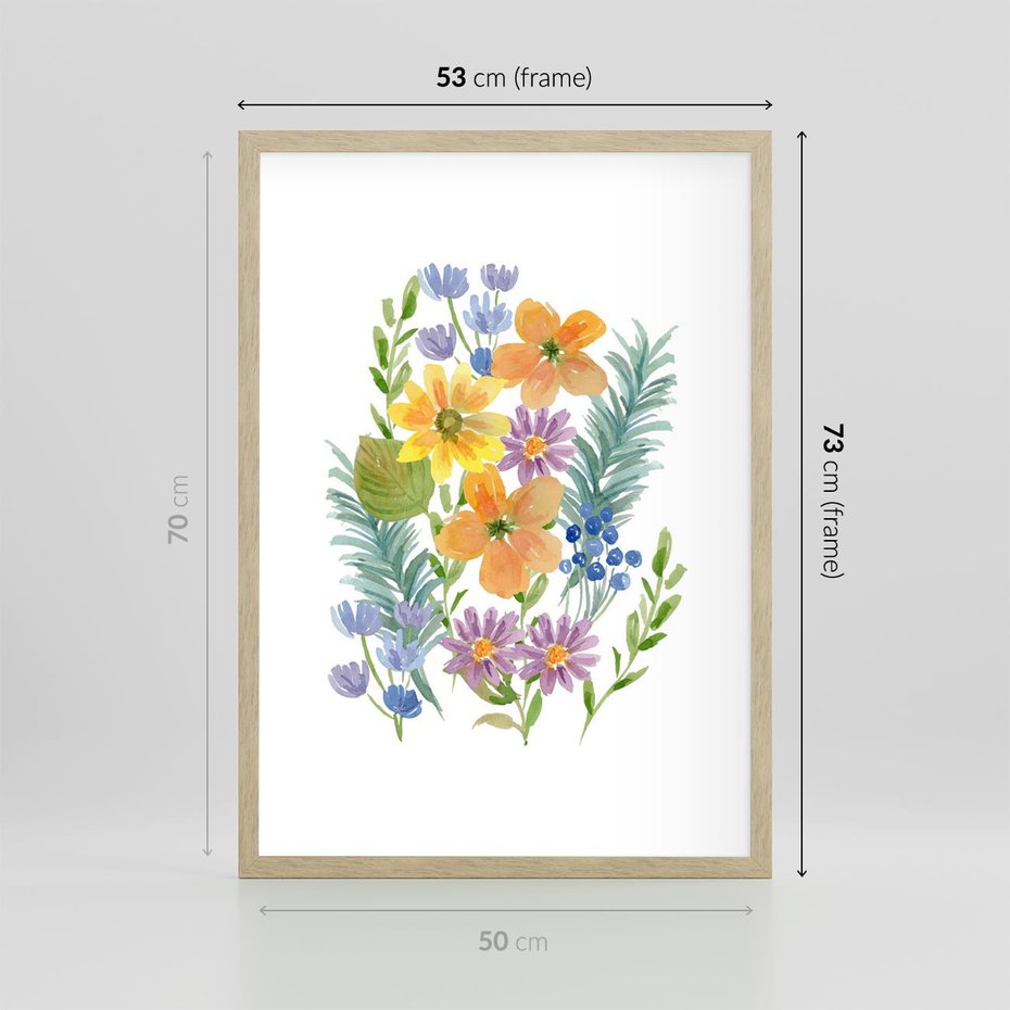 Plakat w ramie 50x70 - Migocące Widoki Kwiatów - akwarelowe polne kwiaty, minimalistyczny plakat - rama drewno
