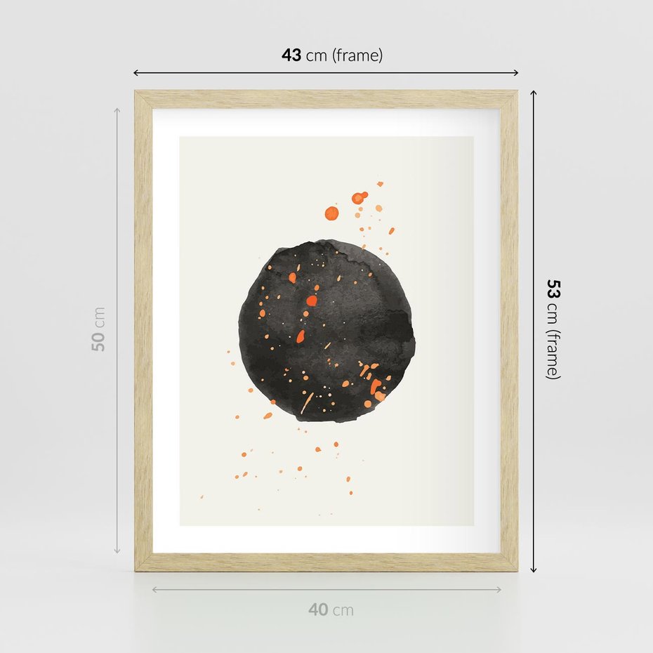 Plakat w ramie 40x50 - Wibracje Kolorów - abstrakcyjna czarna plama, rozsiane pomarańczowe kropki - rama drewno