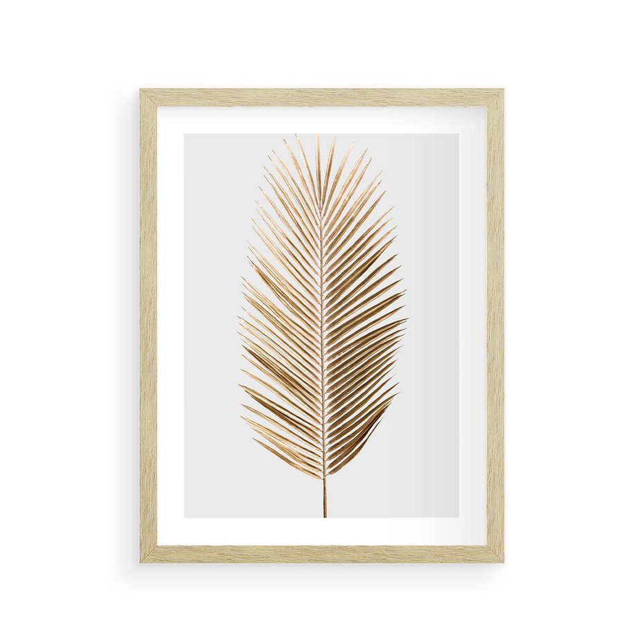 Plakat w ramie 30x40 - Złoty blask palmowego liścia - złota, palma - rama drewno