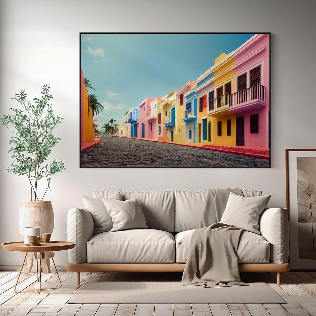 Obraz w ramie 100x70 - Ekspresja marzeń i tęsknot - pastelowe kolorowe budynki, wzdłuż ulicy - rama czarna