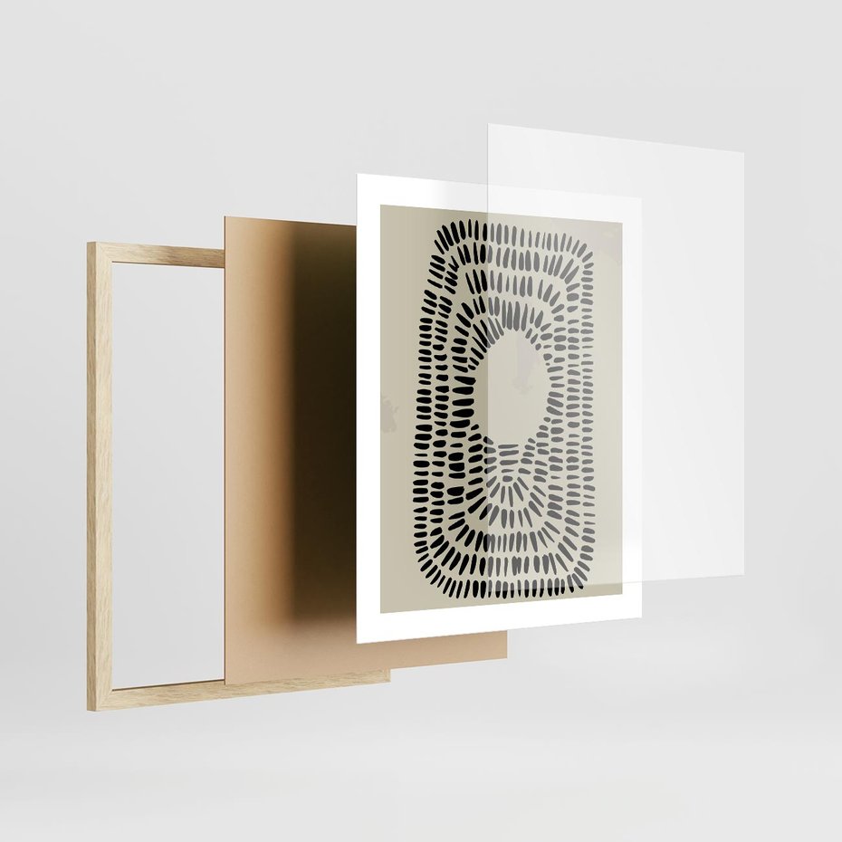 Plakat w ramie 40x50 - Zaklęte Wnętrza - boho plakat, czarne kropki kreski - rama drewno