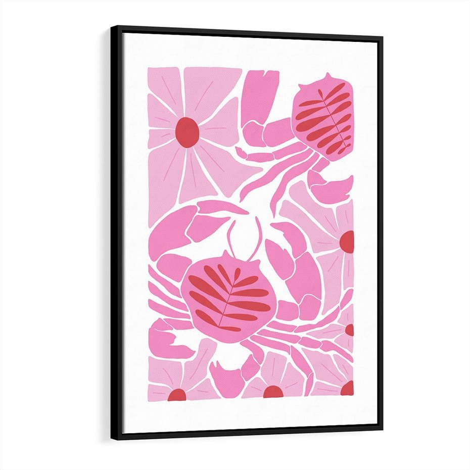 Obraz w ramie 50x70 - Roztańczone Kraby - różowe kwiaty i kraby, abstrakcyjna kompozycja - rama czarna