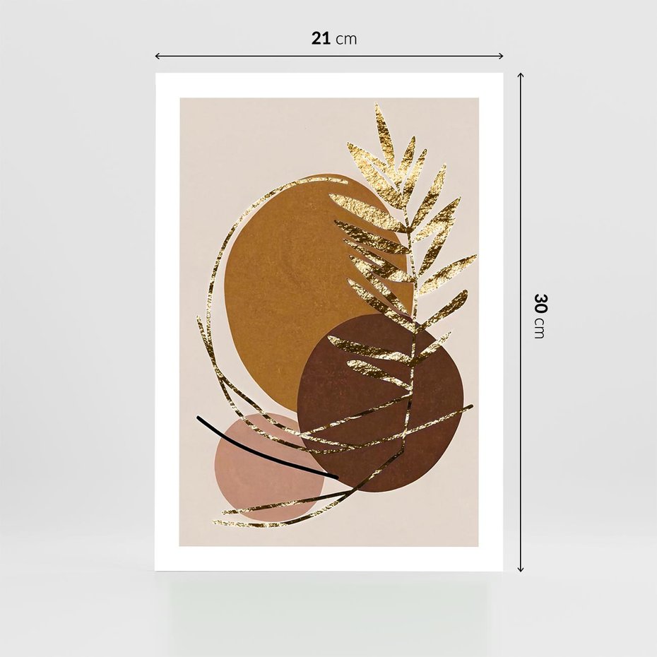 Plakat bez ramy 21x30 - Taniec Przenikających Odbić - abstrakcyjny obraz, złote liście palmy