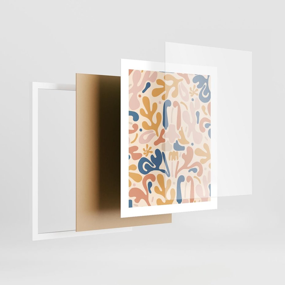 Plakat w ramie 40x50 - Symfonia Radosnych Barw - abstrakcyjne pastelowe formy, nowoczesna grafika w stylu boho - rama biała