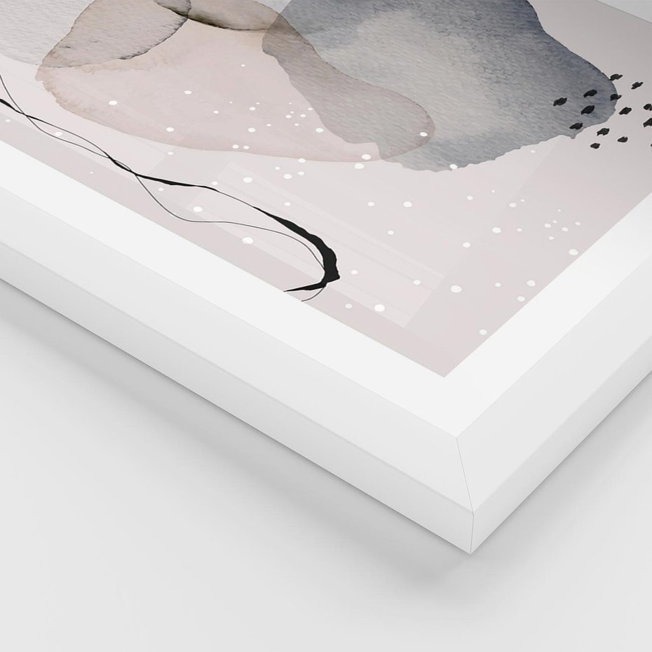 Plakat w ramie 50x70 - Migocące Barwy - abstrakcyjne plamy akwarelowe, czarny szkic - rama biała