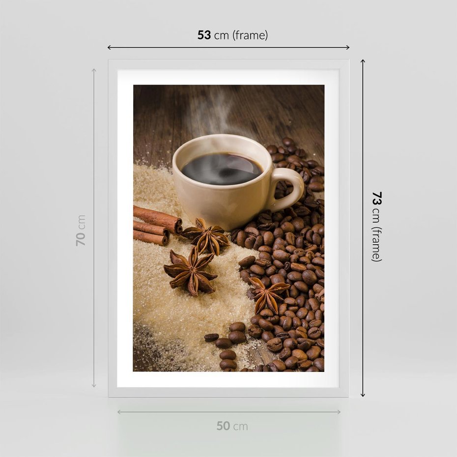 Plakat w ramie 50x70 - Kawowa filiżanka pełna aromatu - kawa, filiżanka - rama biała