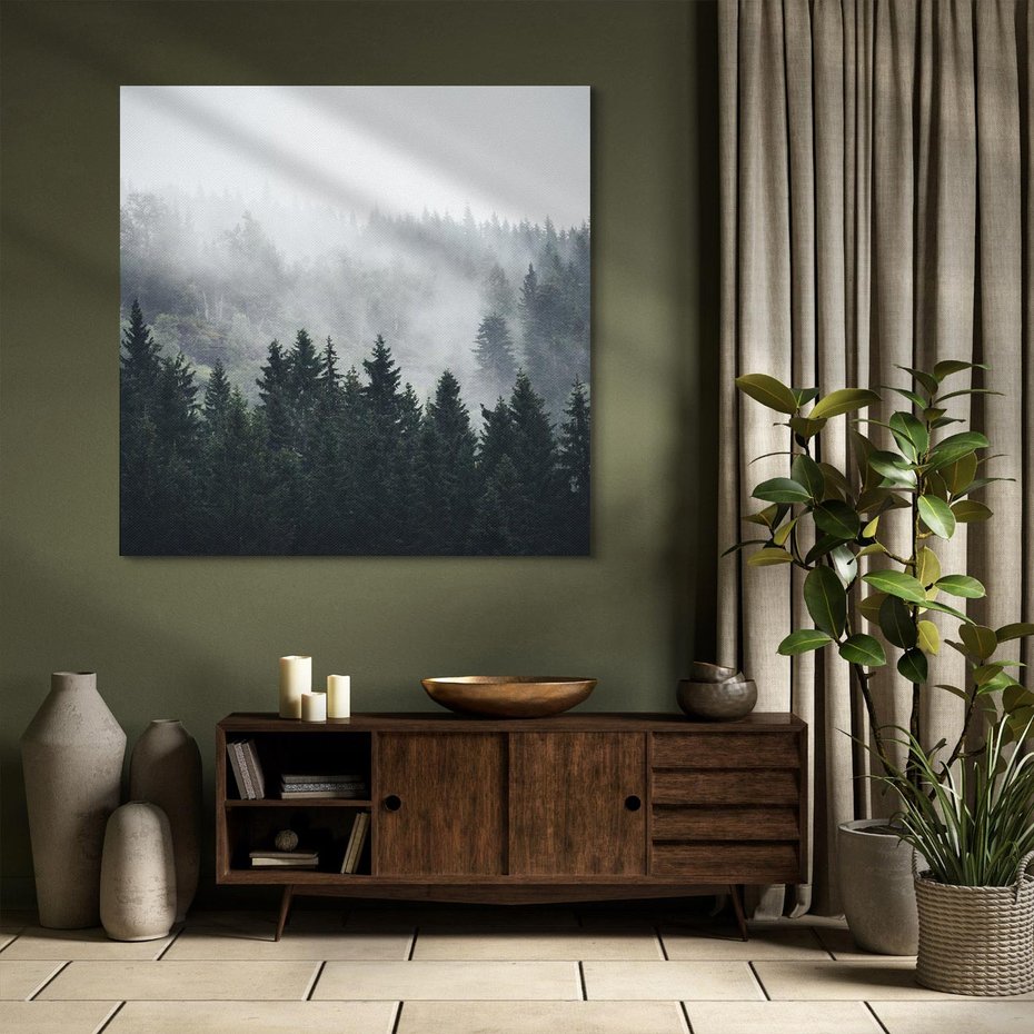 Obraz na płótnie 60x60 - Las w górach: mistyczna mgła - las, góry