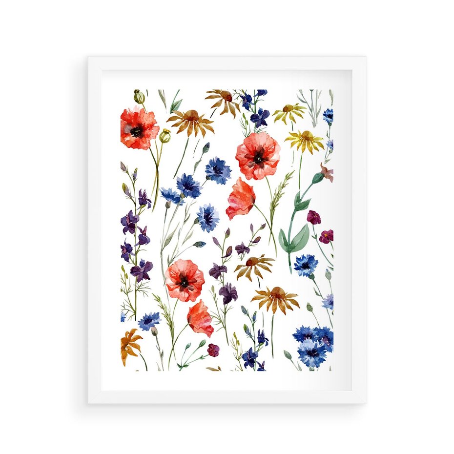 Plakat w ramie 40x50 - Kwiatowe radości na łące - kwiaty, łączka - rama biała