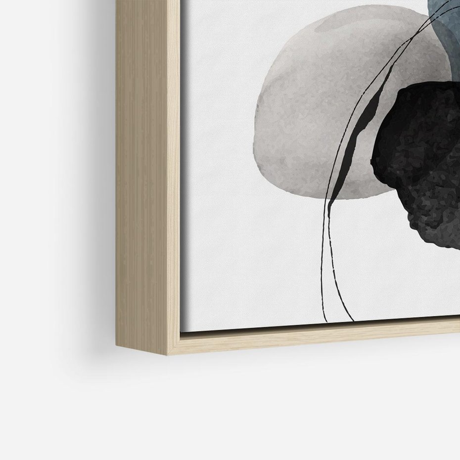 Obraz w ramie 50x50 - Wibracje Kształtów - abstrakcyjne plamy akwarelowe, czarny szkic - rama drewno