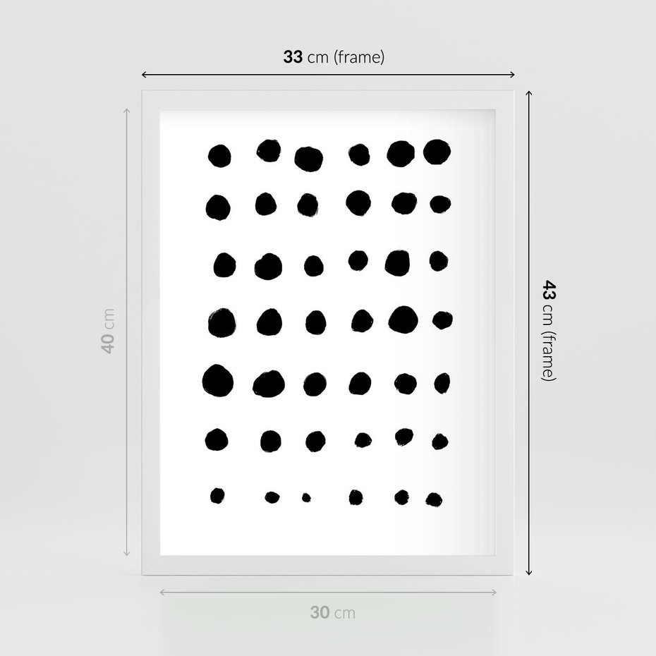 Plakat w ramie 30x40 - Migocące Anomalie - abstrakcyjna kompozycja z czarnych kropek, minimalistyczny czarno bialy plakat - rama biała