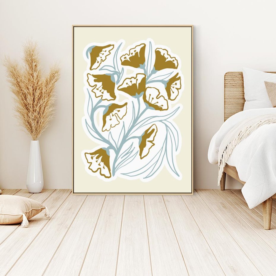 Obraz w ramie 70x100 - Wibracje Widzenia - abstrakcyjne beżowe kwiaty, elegancka kompozycja - rama drewno