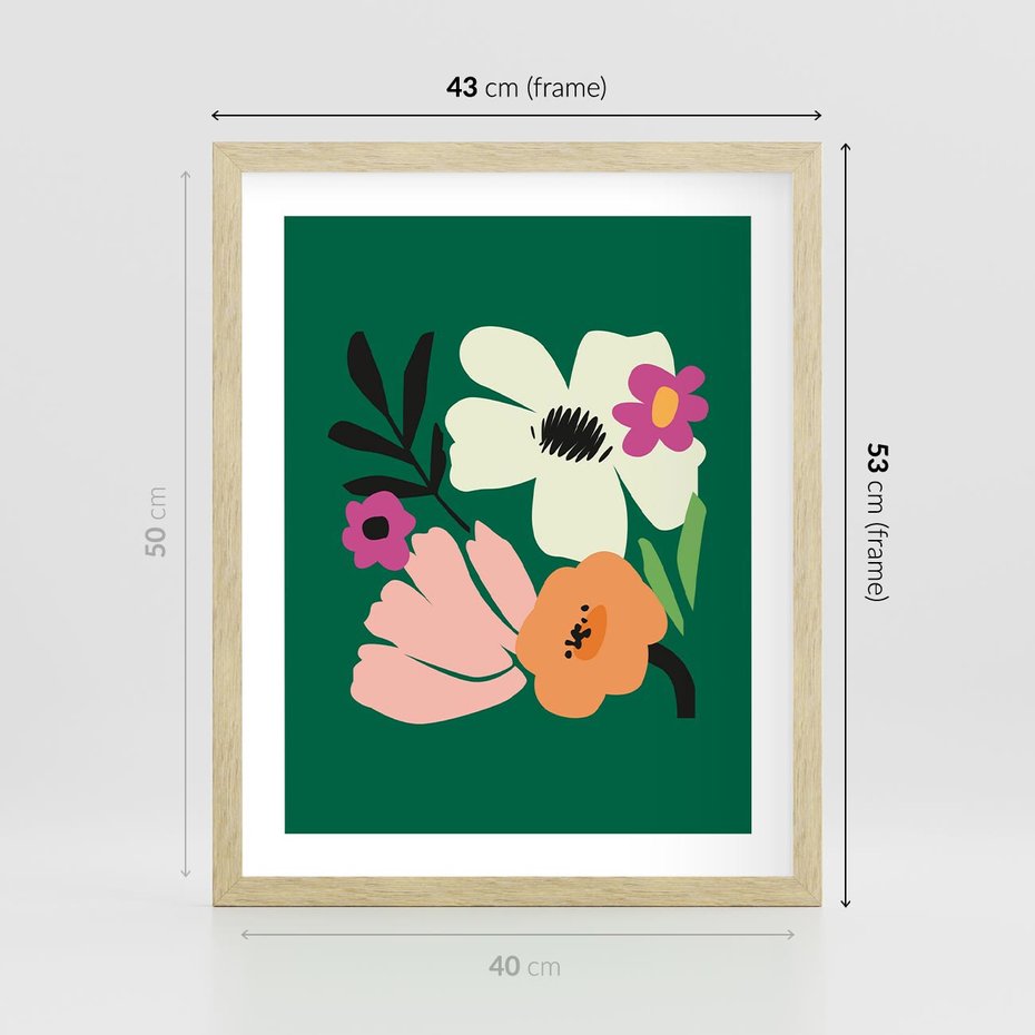 Plakat w ramie 40x50 - Rozbijające Echa - abstrakcyjne kwiaty, zielone tło - rama drewno