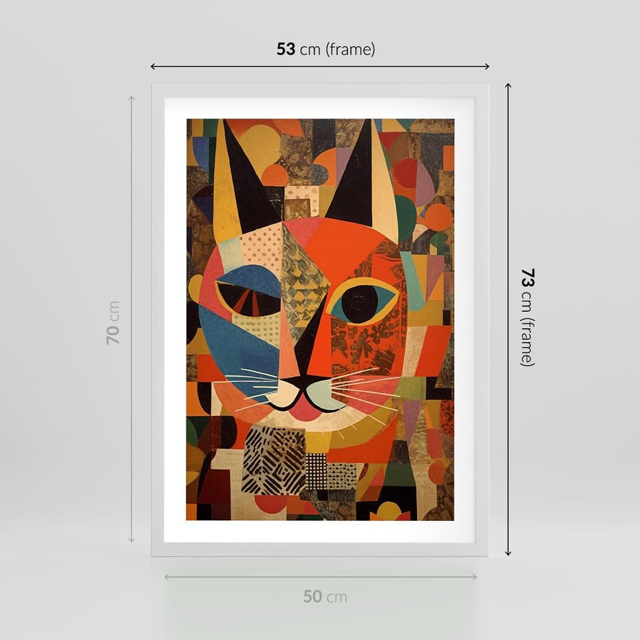 Plakat w ramie 50x70 - Impresje Nieznanych Odniesień - abstrakcyjny obraz olejny, kot - rama biała