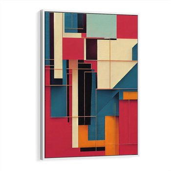 Obraz w ramie 70x100 - Przejście przez labirynt myśli - kolorowa abstrakcja, instalacja z prostokątów i lini - rama biała